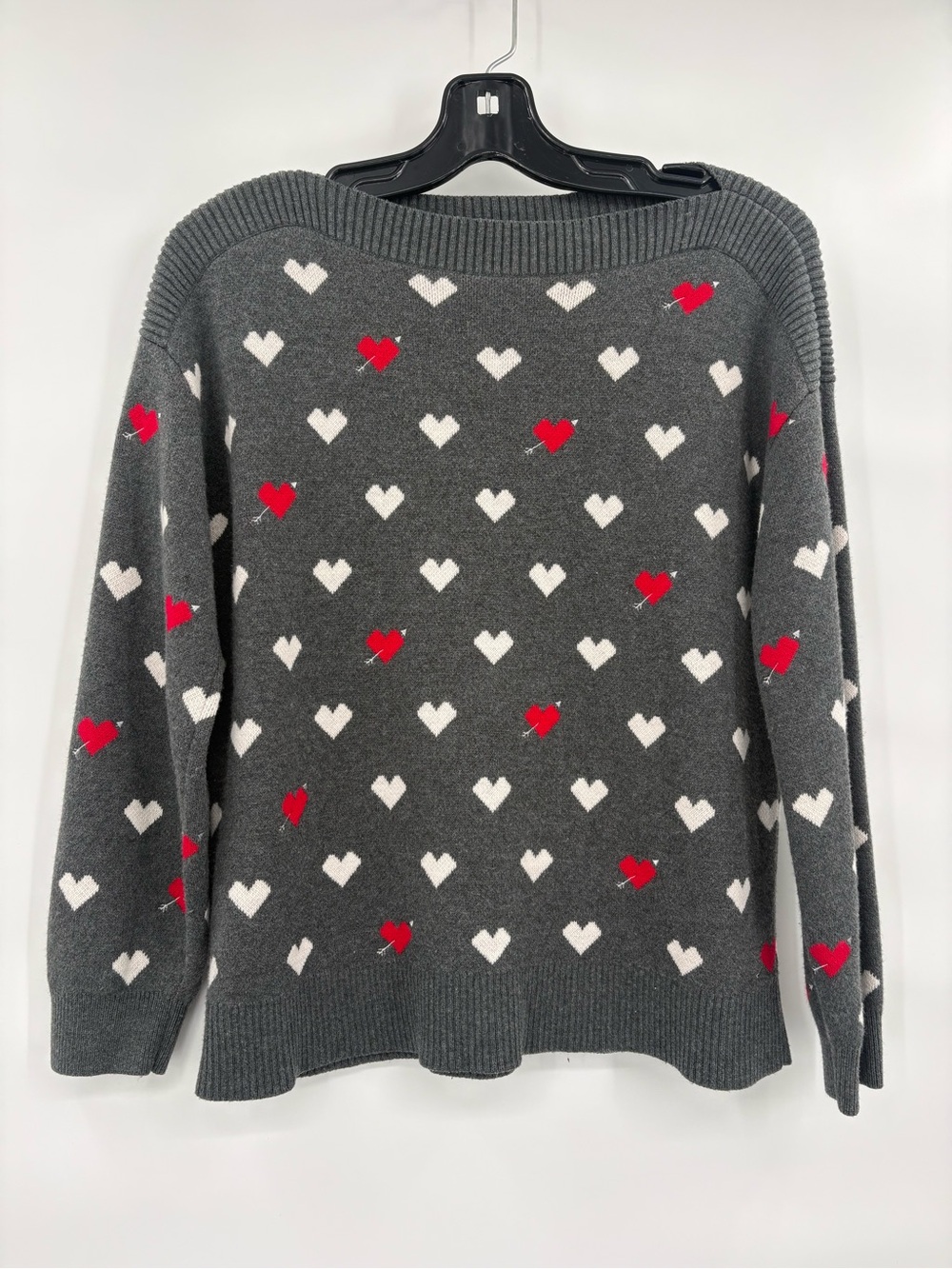 LOFT Gray Crewneck Sweater with Red & White Heart Pattern Size Medium